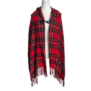 Elegant Red Plaid Hooded Women's Cape